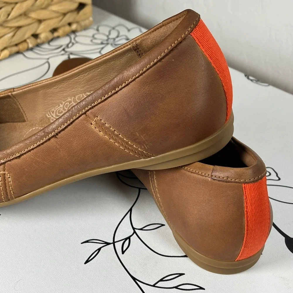Clarks Women's Canebay Plain leather ballet flats Tan Brown Orange Stripe 8.5 M